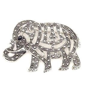 Vintage 925 Sterling Silver Marcasite-Look Elephant Brooch Pin Onyx Eye 10.6g